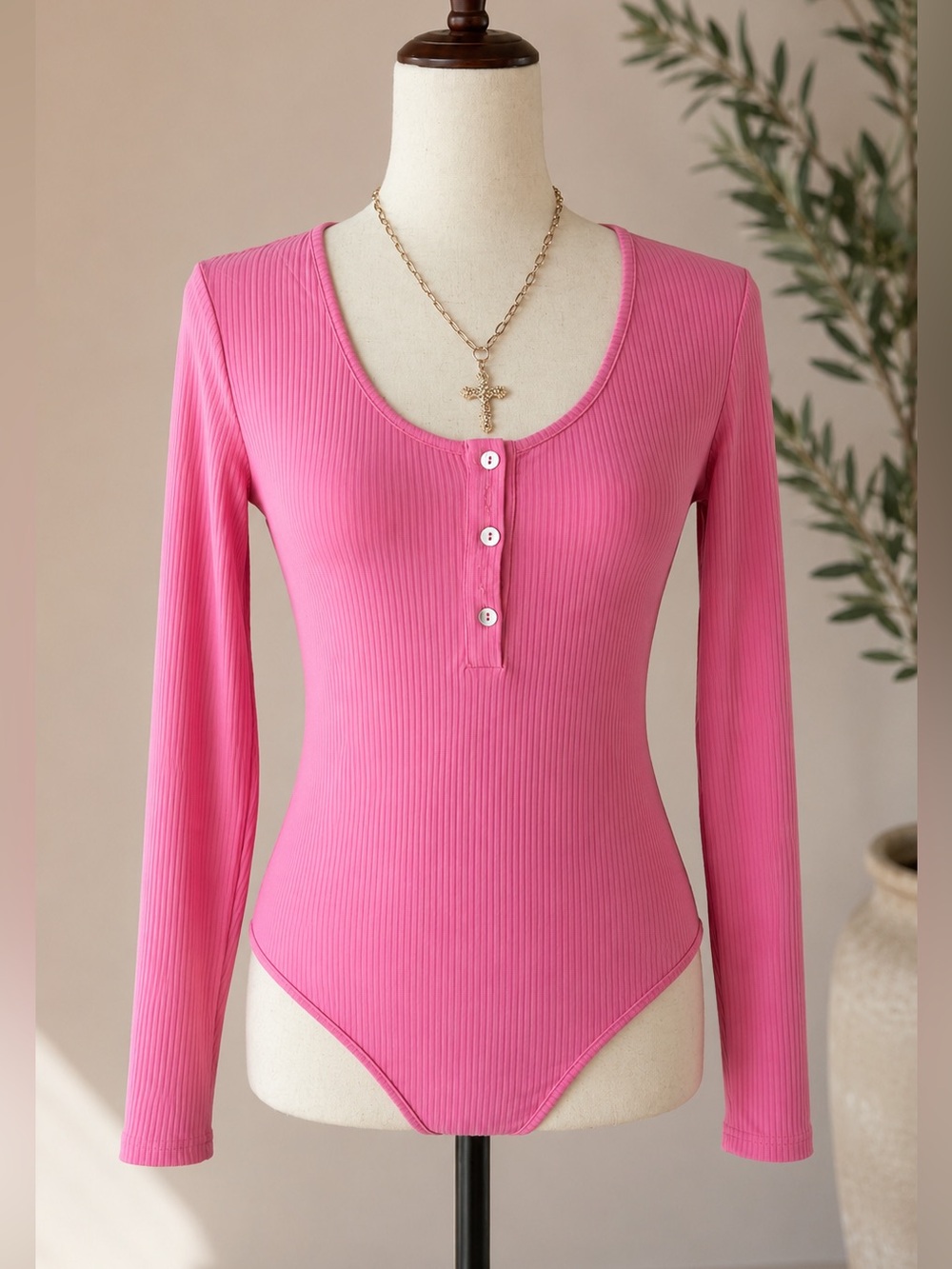Women's Pink Ribbed Long-Sleeve Henley Bodysuit